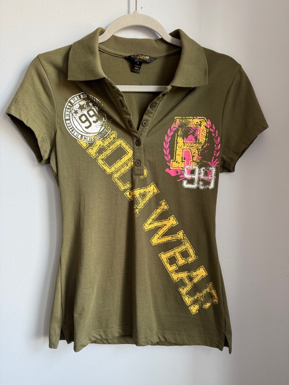 Y2K Rocawear Olive Green Polo Top with Yellow and Pink Graphic